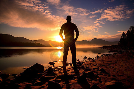 日出下一个男人站在海滩上背景图片
