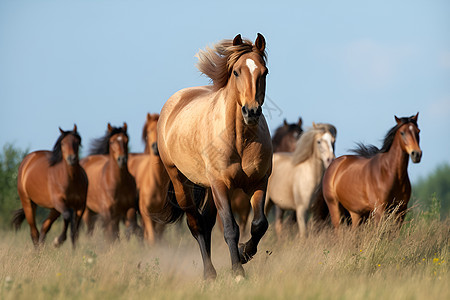 草地上奔驰的一群马匹图片