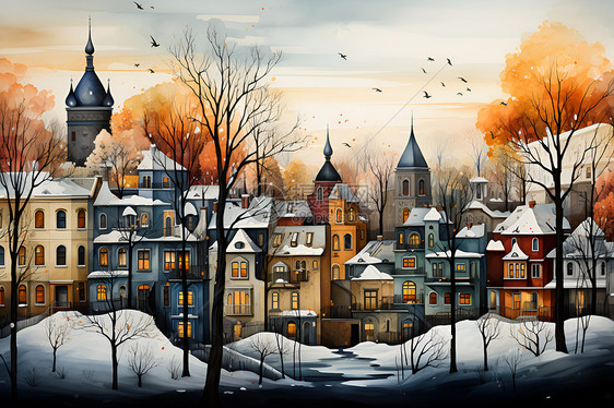 冬季小镇的树木绘画图片