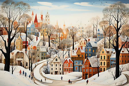 冬季壮观的小镇绘画图片