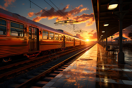 日出时火车站的火车图片