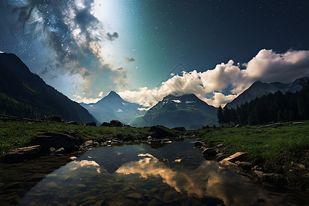 星空下的山峰与水流图片