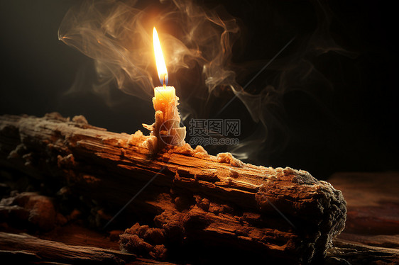 枯木上点燃的蜡烛图片
