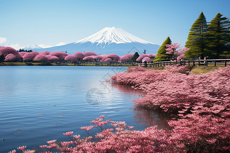 日本神鹿公园樱花湖边的富士山背景