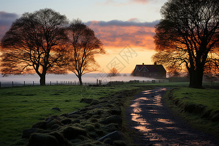 日出时分乡村的小路背景图片