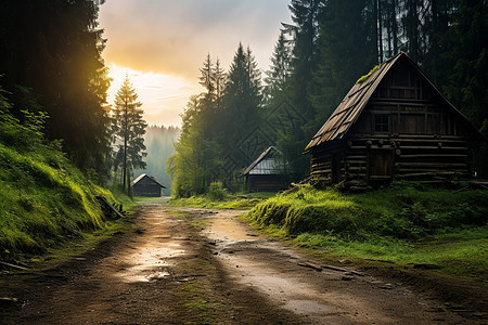 山林中一幢木屋前图片