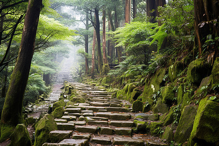 森林里的青苔石阶背景图片