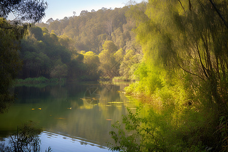 一个湖泊环绕着树木图片