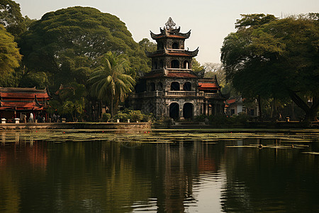 湖畔的古建筑背景图片