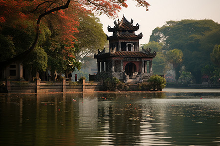 湖边的古建小亭背景图片