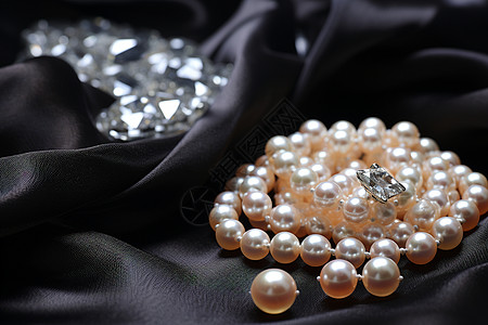 丝绸上的珍珠项链背景图片