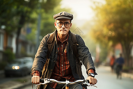 城市街道上骑行的男人图片