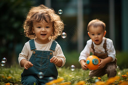 两个孩子在花园里玩耍背景