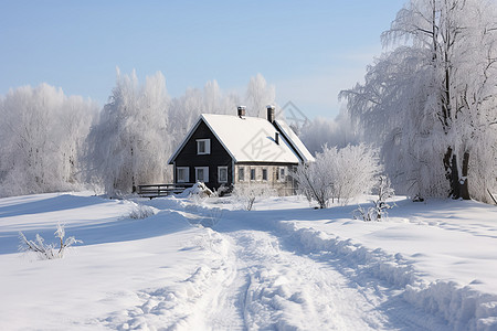 冰雪覆盖的乡村小屋图片