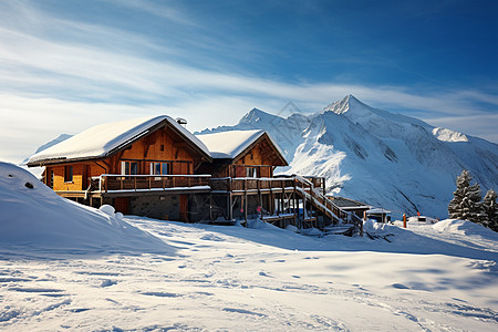 雪山背景下的小木屋图片