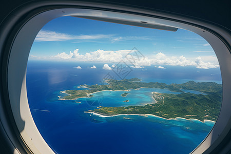 热带岛屿的飞机窗外景观图片