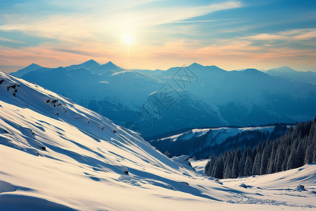 冬季日出雪山的景观背景图片