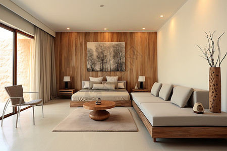 现代画现代家居中的客厅配有沙发桌子椅子和墙上的一幅画还有一扇大窗户背景