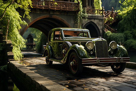 石桥上的复古汽车背景图片