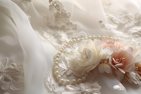 白色婚纱上的珍珠图片