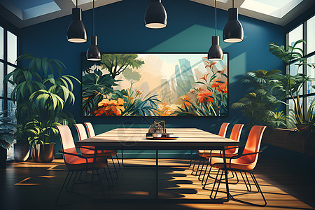 公司会议室内的绿植和长桌背景图片