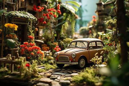 梦幻森林中的老式汽车背景图片