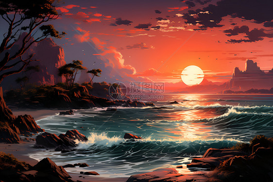 日落下的海边风景图片