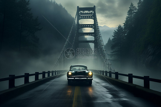 汽车穿过迷雾笼罩的桥梁图片