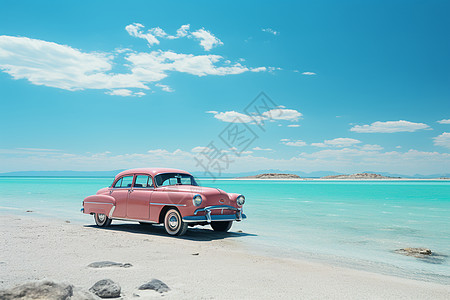 海滩上的粉色轿车图片