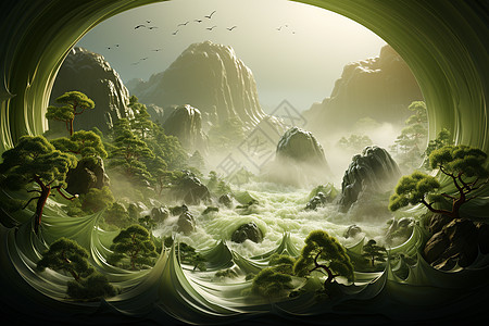 溪流绿色洞穴波浪设计图片
