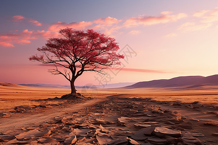 黄昏沙漠中的树图片