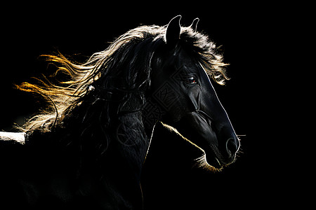 黑马立于黑色背景中高清图片