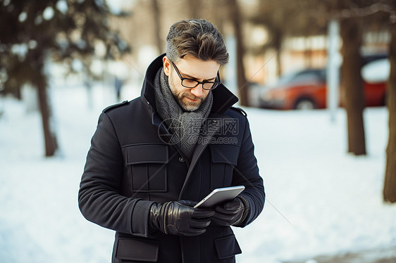 雪地里看手机的商务男子图片