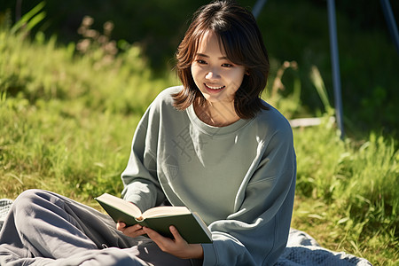 在草地上读书女孩在绿草地上阅读背景