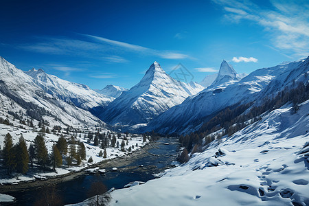 雪山下的寒冷河流图片