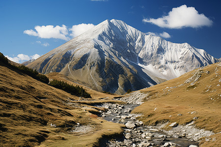 白雪和植被覆盖的山脉图片