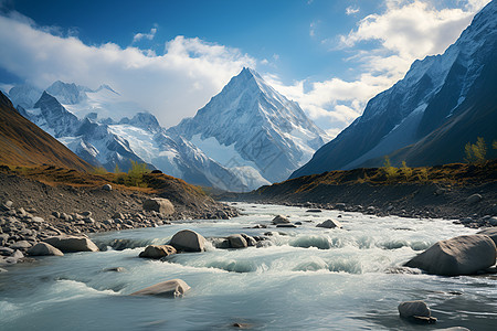 雪山山谷中的湖泊景观图片