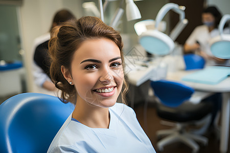 牙科诊所牙医椅上的女子图片