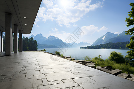 湖光山水湖光山色中的现代建筑背景