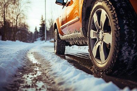 汽车冬季冬季雪天道路上行驶的汽车背景