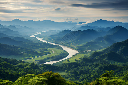 夏季山水丛林间的美丽景观背景图片