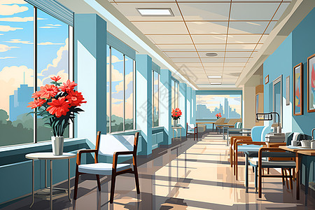 现代医院走廊的候诊区图片
