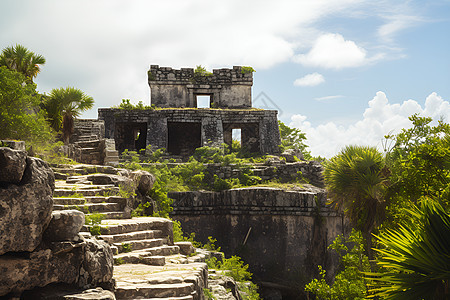 悬崖上的石制建筑玛雅遗址图片