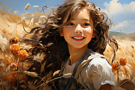 金灿灿的稻田中的小女孩图片
