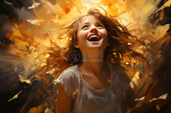 金色稻田上微笑的小女孩图片