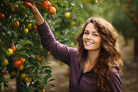 果园中采摘水果的女子背景图片