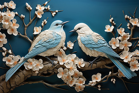 鸟儿栖息在花枝上图片