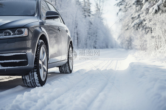 冬日林中白雪覆盖的道路图片