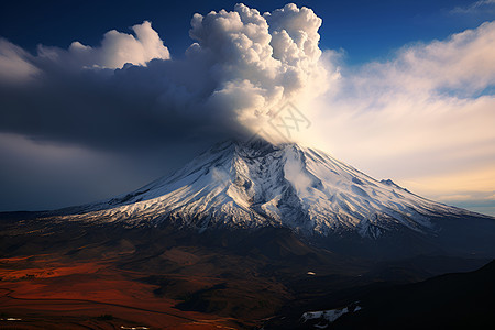 喷发的活火山下的冰川图片