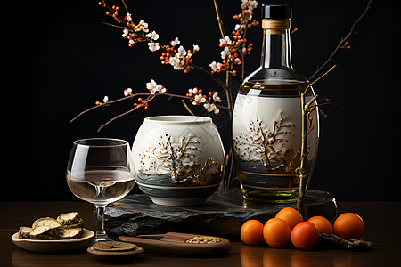 传统花纹边框花卉和酒瓶背景